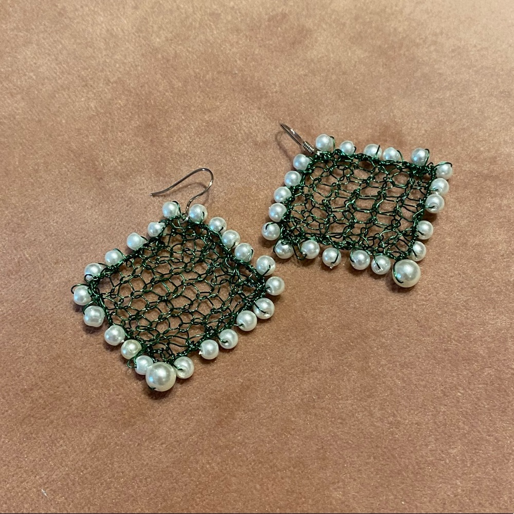 Green Mesh Pearl Earrings, made by local artist